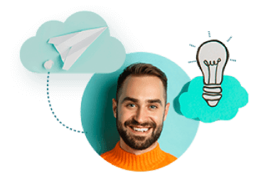 Man smiling with a lightbulb and paper airplane graphic